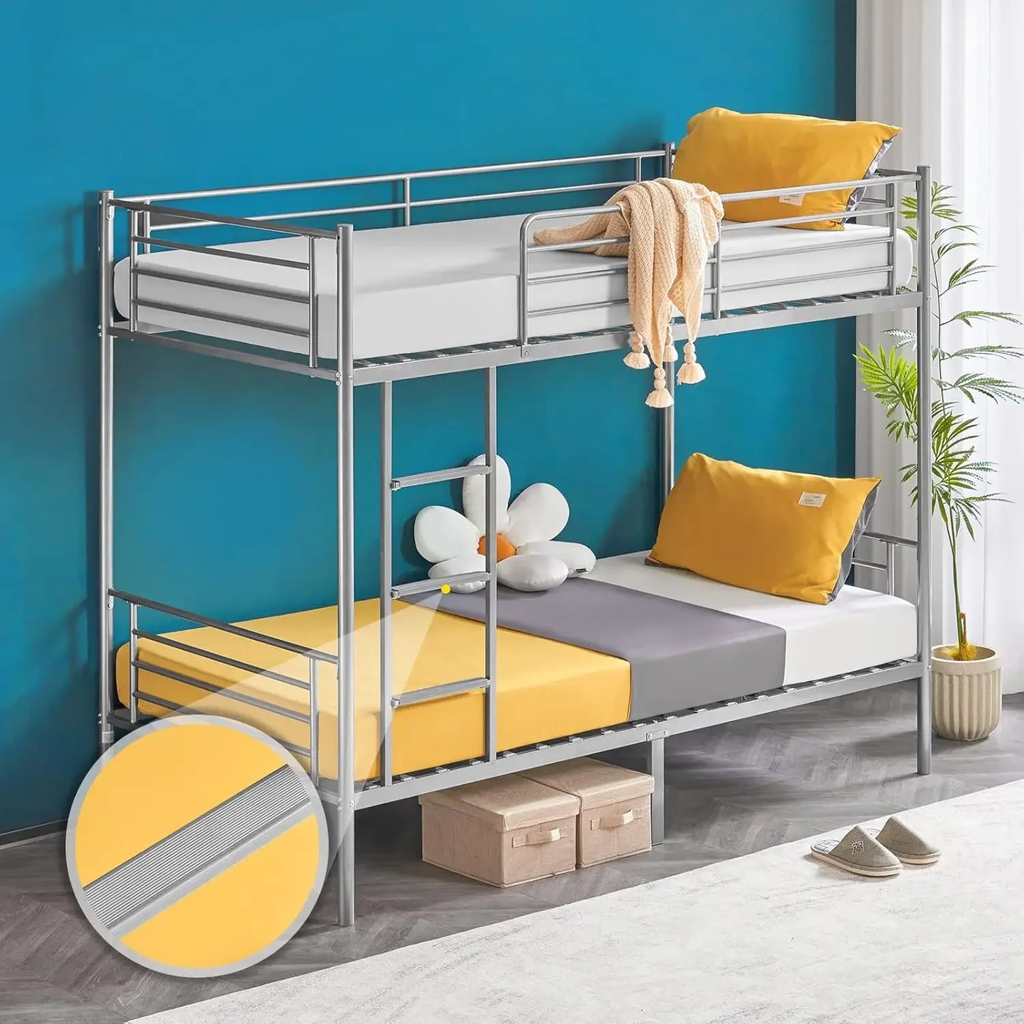 Metal Bunk Bed Twin Over Twin, High Guardrail