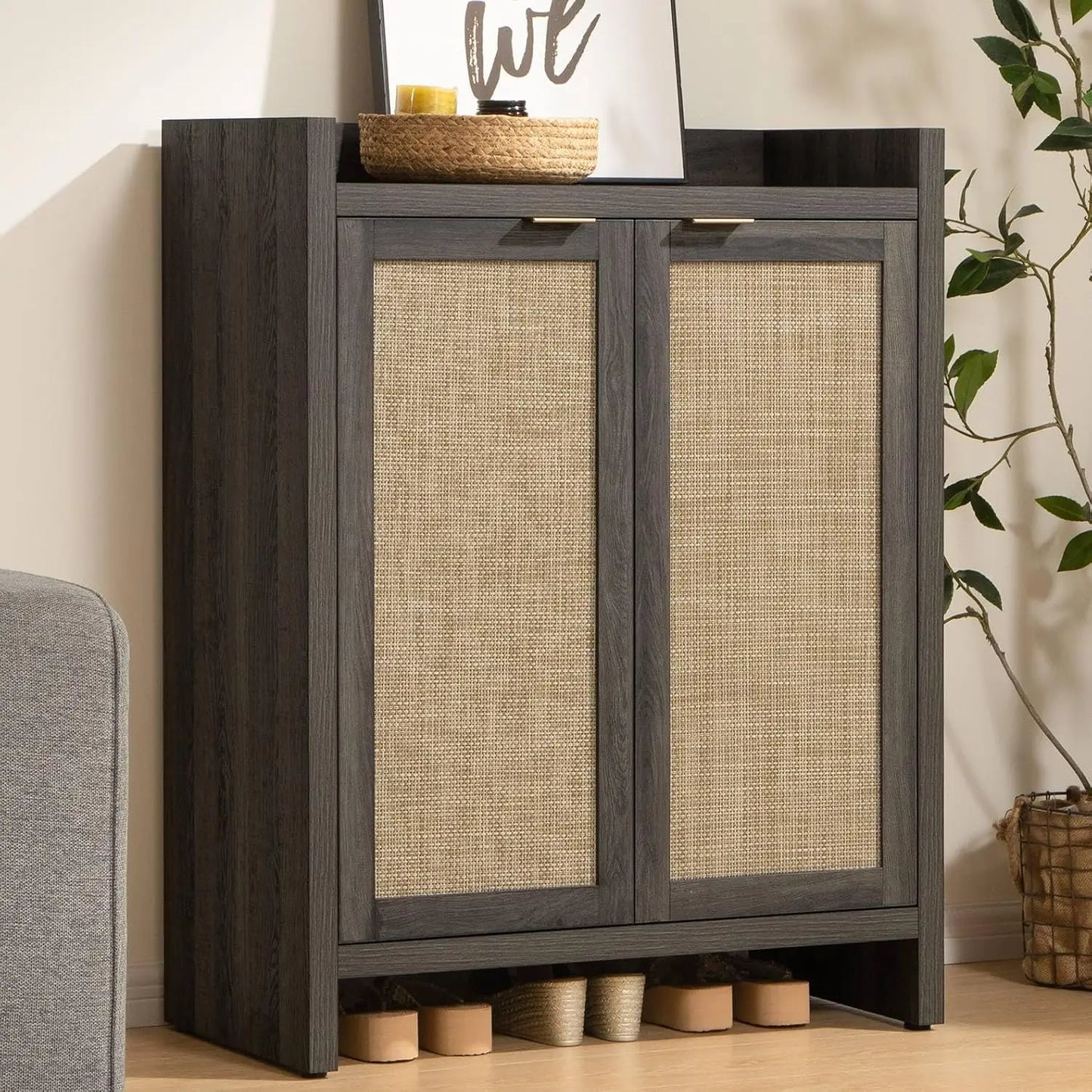 Rattan Shoe Cabinet Organizer Wooden Tier-Storage