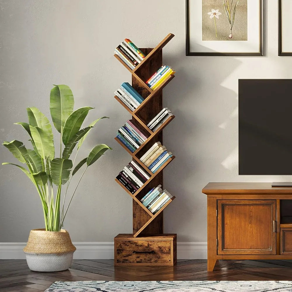 Modern Wooden Tree Bookshelf  with Drawer