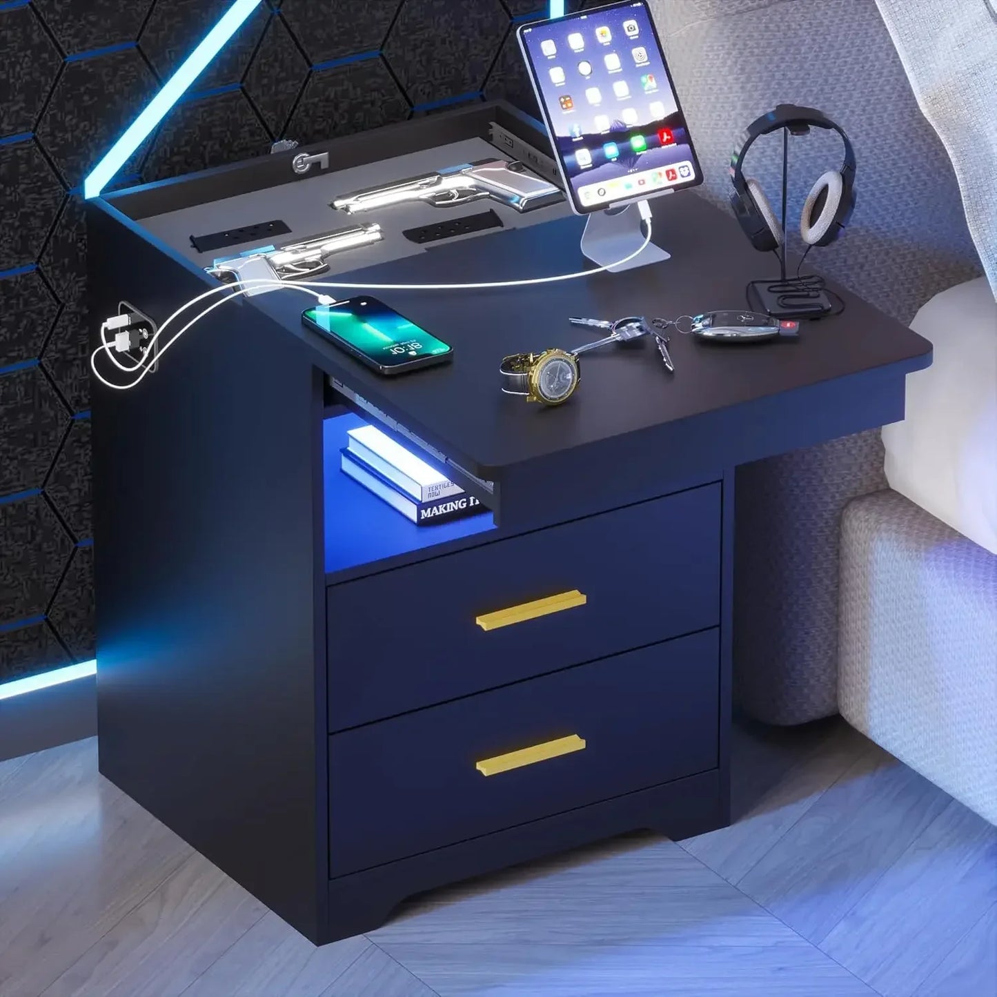 LED Nightstand with Gun Drawer Bedside Charging