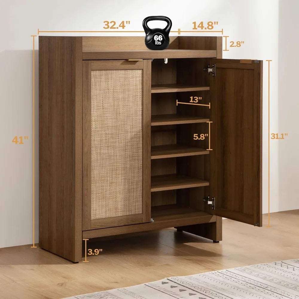 Rattan Shoe Cabinet Organizer Wooden Tier-Storage