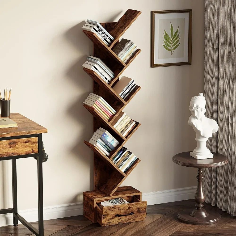 Modern Wooden Tree Bookshelf  with Drawer