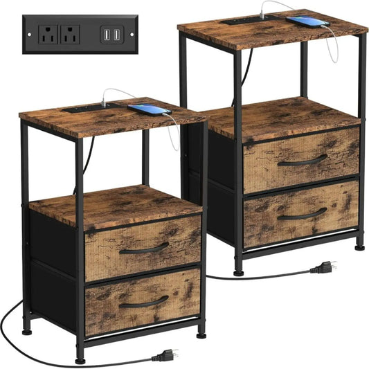 Bedside End Table Nightstand with Charging Station