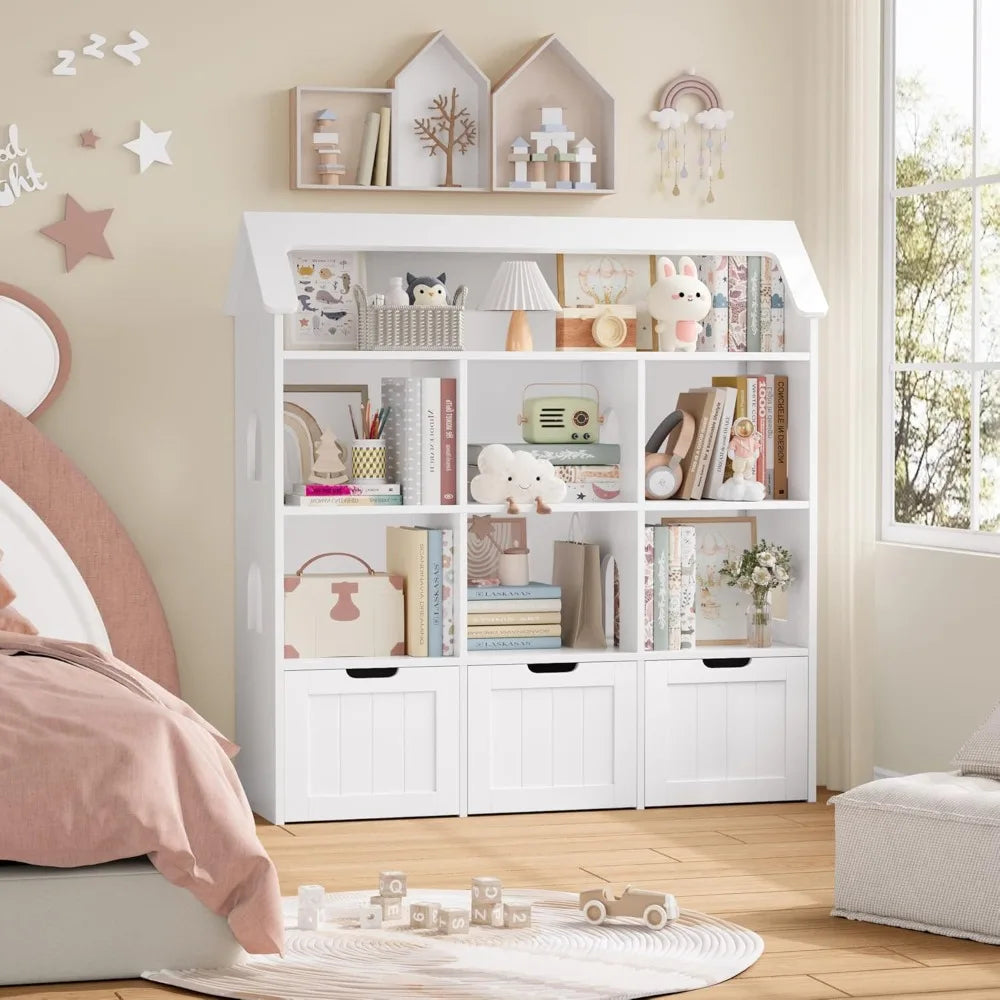 Kids Bookshelf Dollhouse Bookcase with Drawers Storage