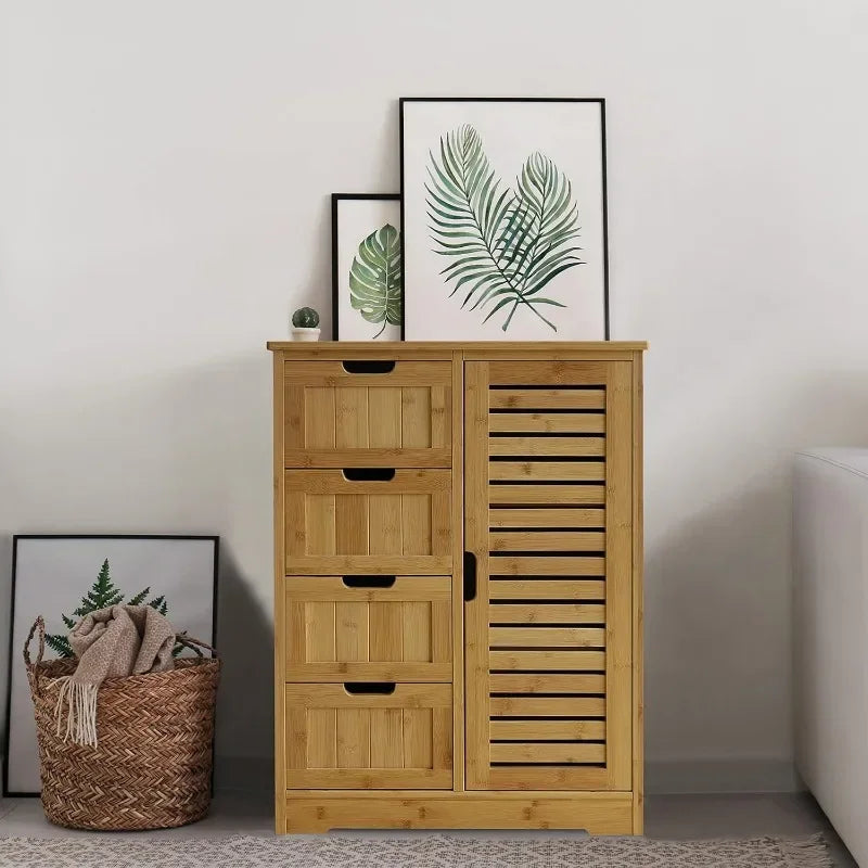 Small Freestanding Compact Bamboo Floor Cabinet Storage