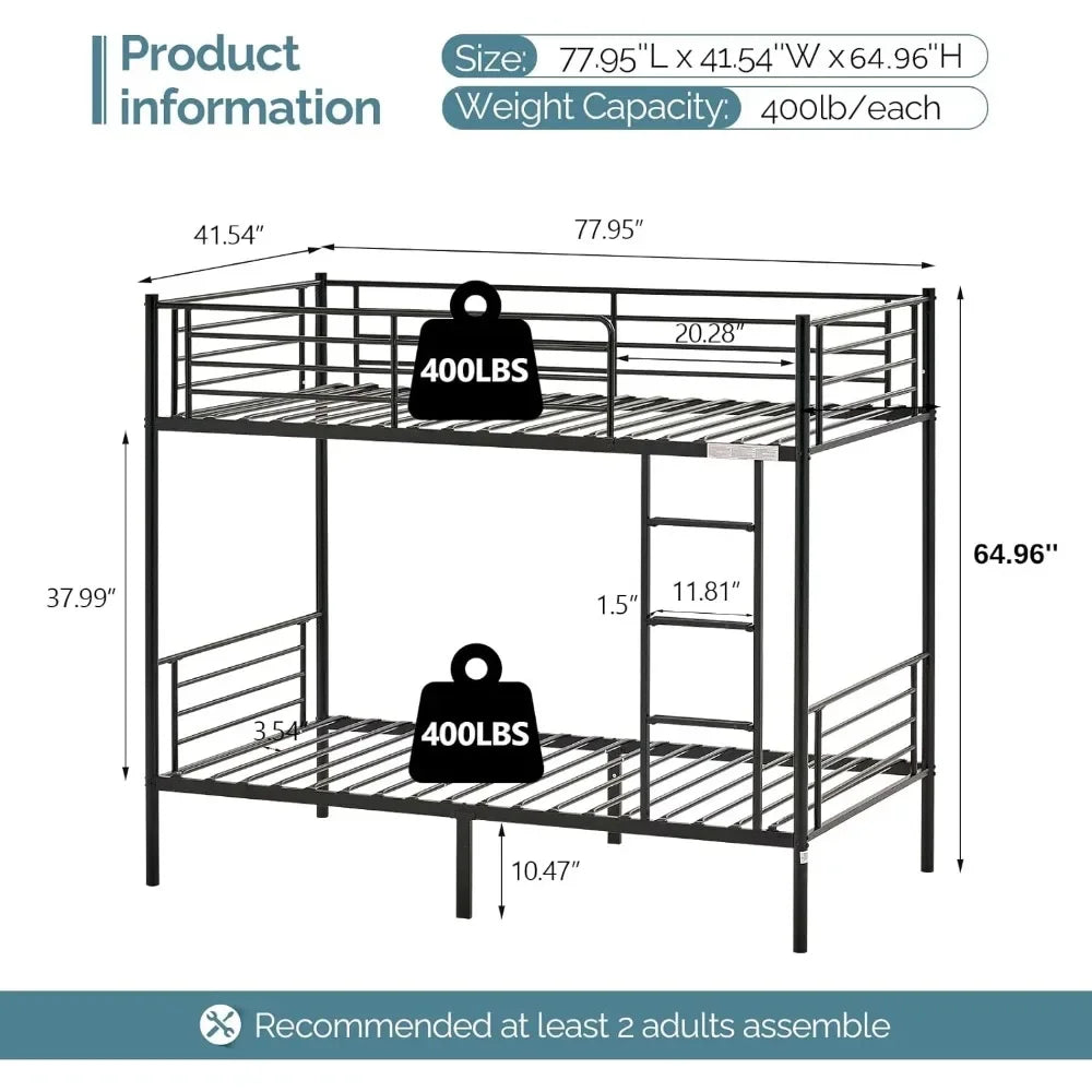 Metal Bunk Bed Twin Over Twin, High Guardrail