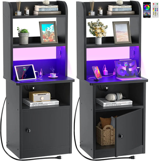 Black Nightstands Set of 2 with Charging Station