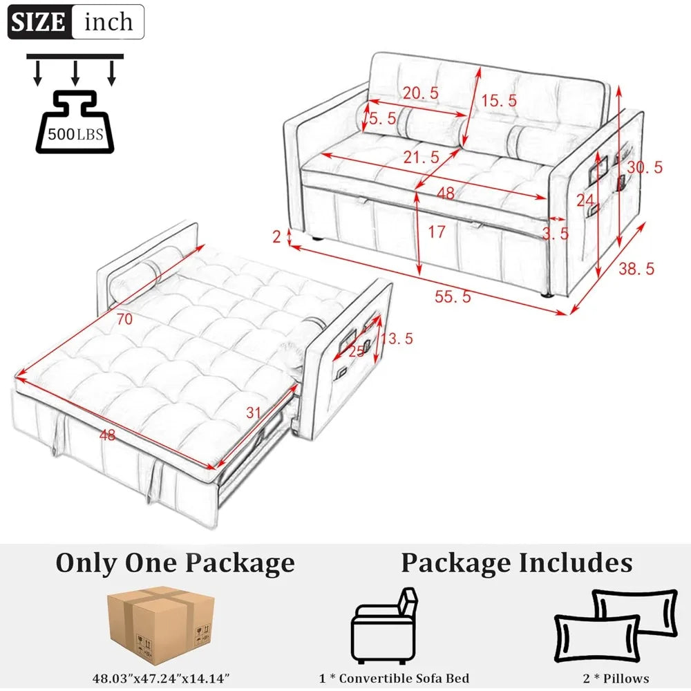 Pull Out Convertible Sofa Bed with USB Ports