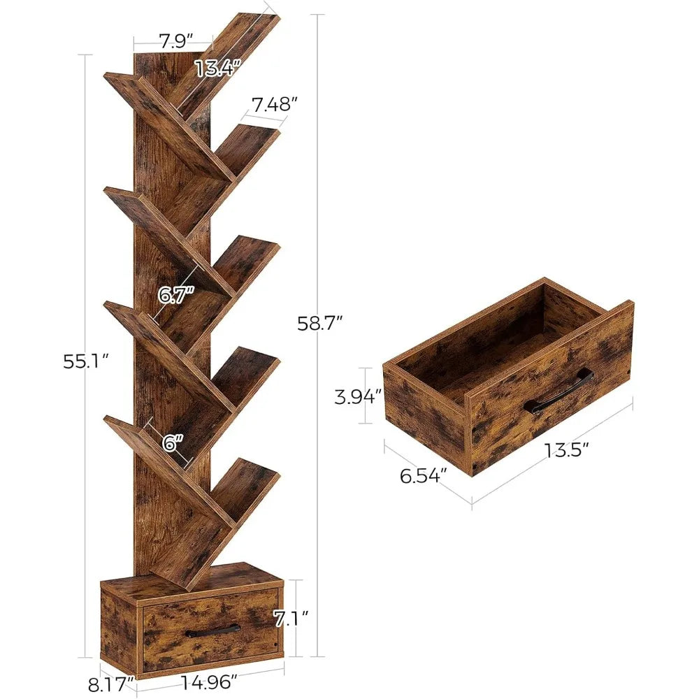 Modern Wooden Tree Bookshelf  with Drawer