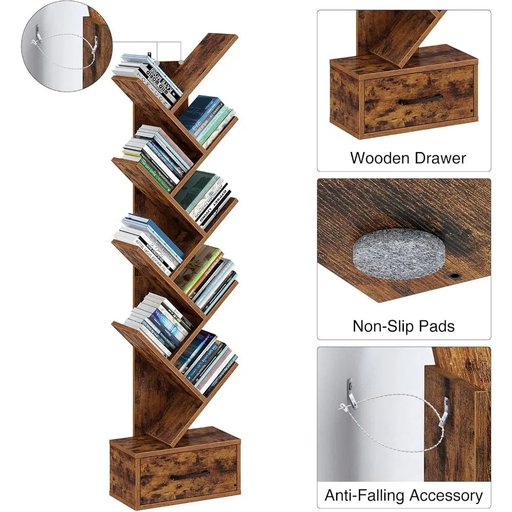 Modern Wooden Tree Bookshelf  with Drawer