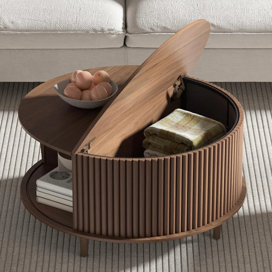 Round Coffee Table with Storage Sliding Cabinet