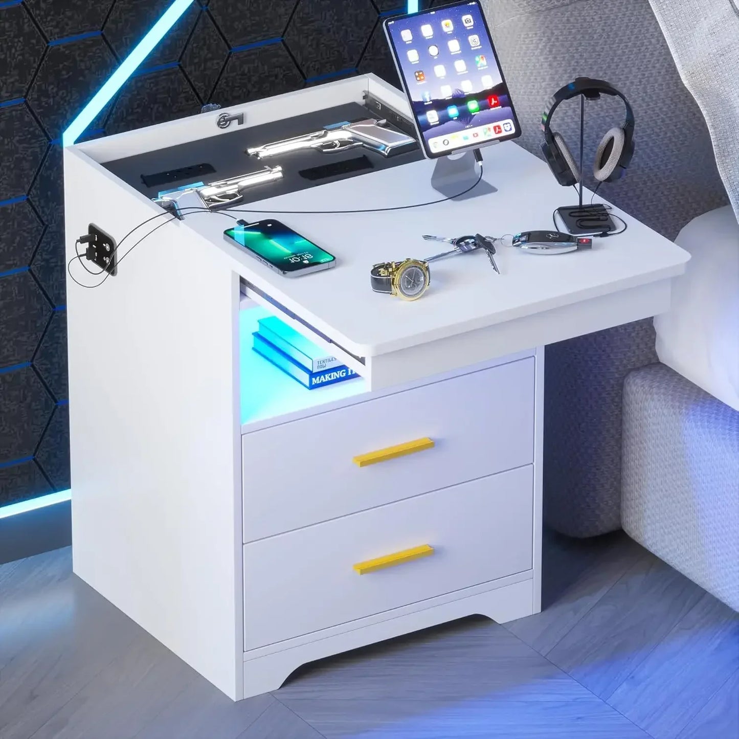 LED Nightstand with Gun Drawer Bedside Charging