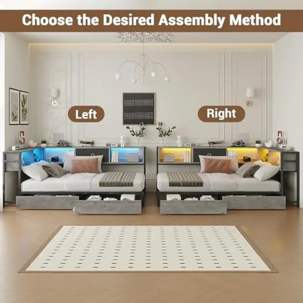 Corner Bed Frame Twin Size with Bookcase