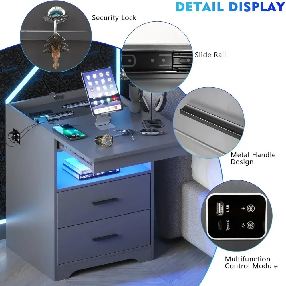 LED Nightstand with Gun Drawer Bedside Charging