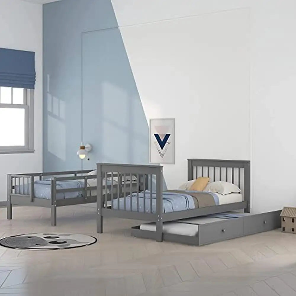 Kids Twin Bunk Bed with Trundle Stairs