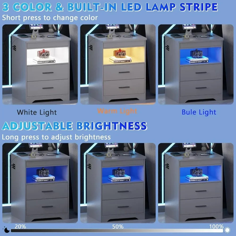 LED Nightstand with Gun Drawer Bedside Charging
