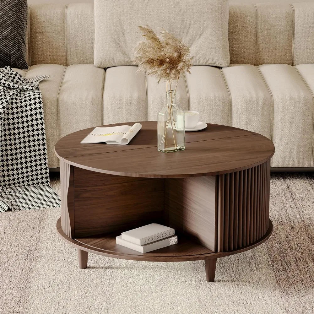 Round Coffee Table with Storage Sliding Cabinet