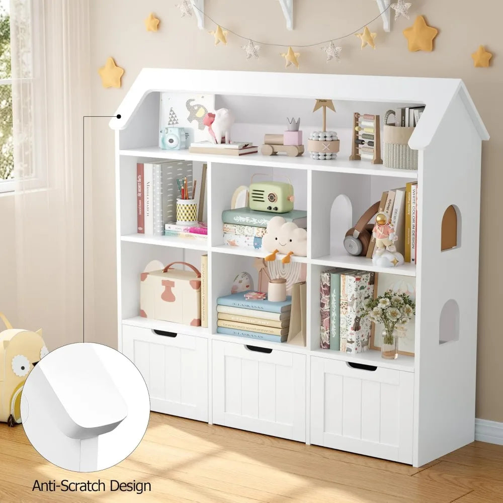 Kids Bookshelf Dollhouse Bookcase with Drawers Storage