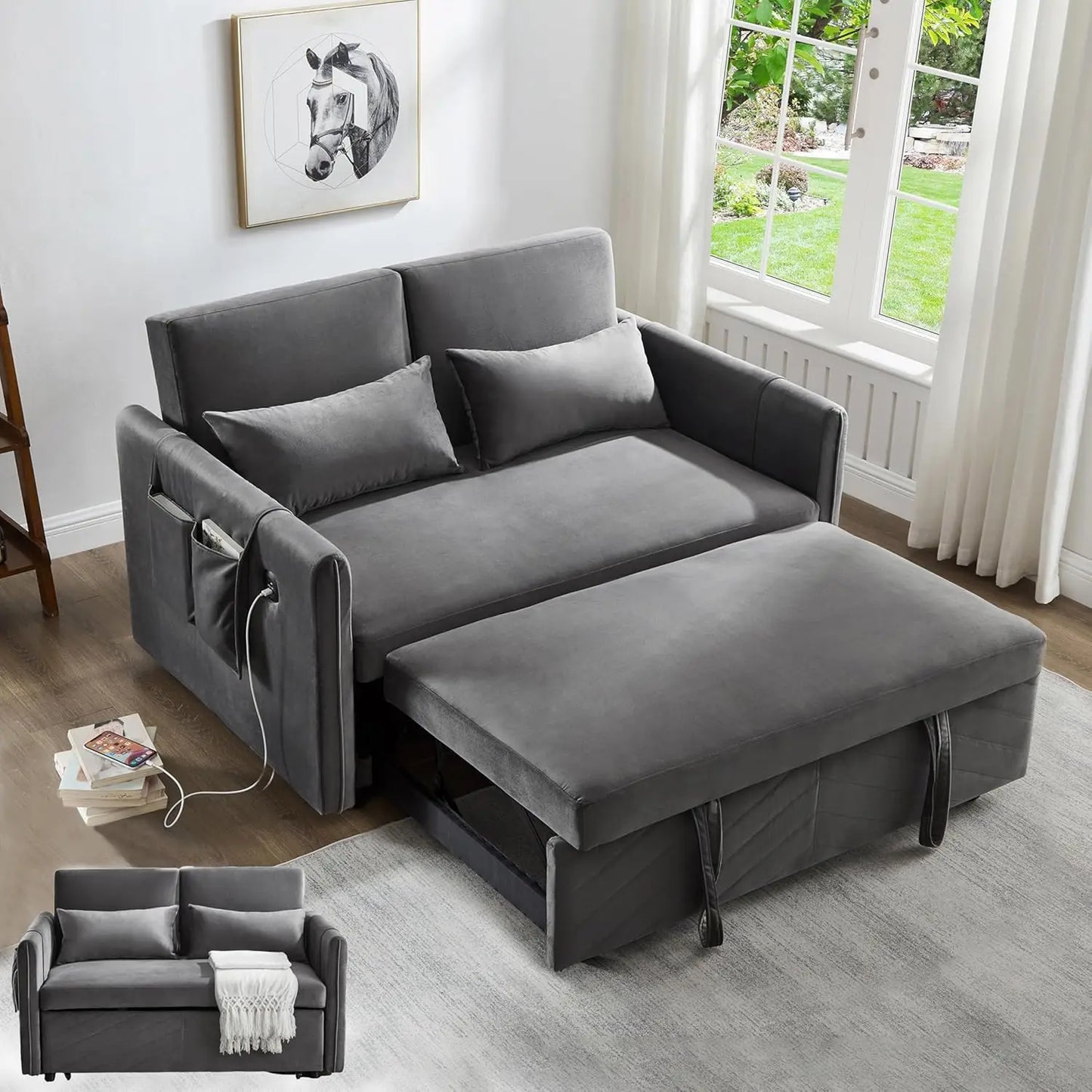 Pull Out Convertible Sofa Bed with USB Ports