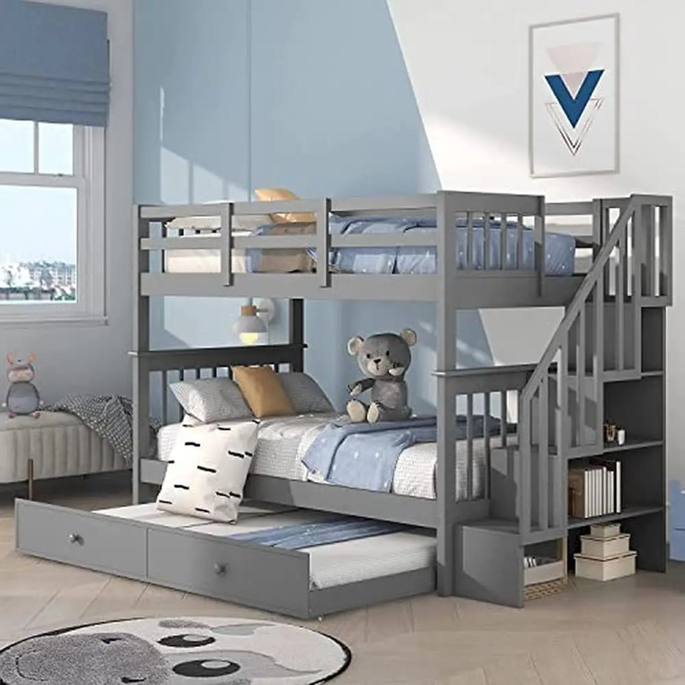 Kids Twin Bunk Bed with Trundle Stairs