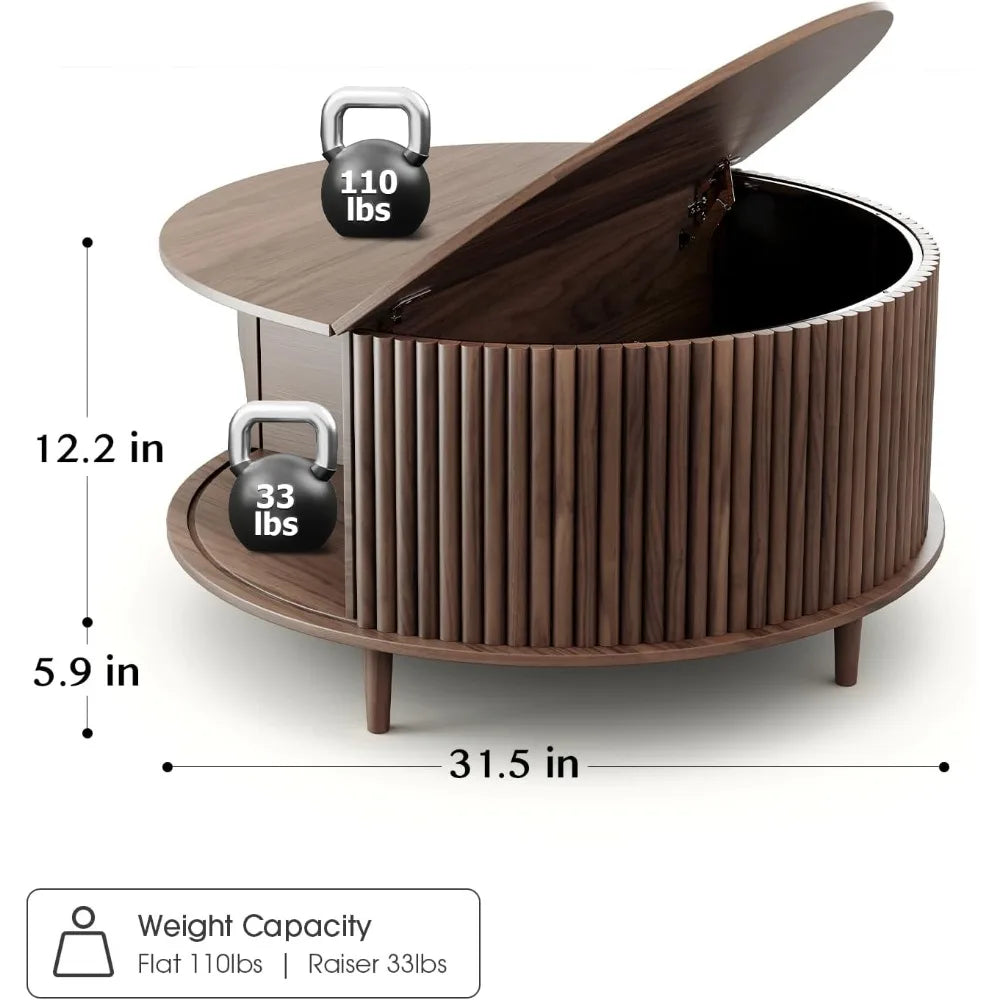 Round Coffee Table with Storage Sliding Cabinet