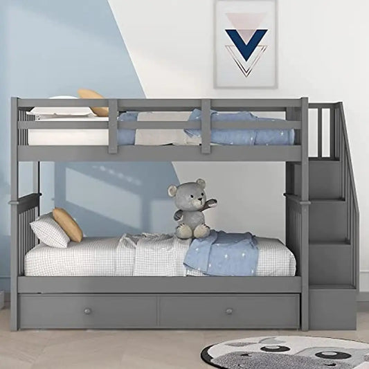 Kids Twin Bunk Bed with Trundle Stairs