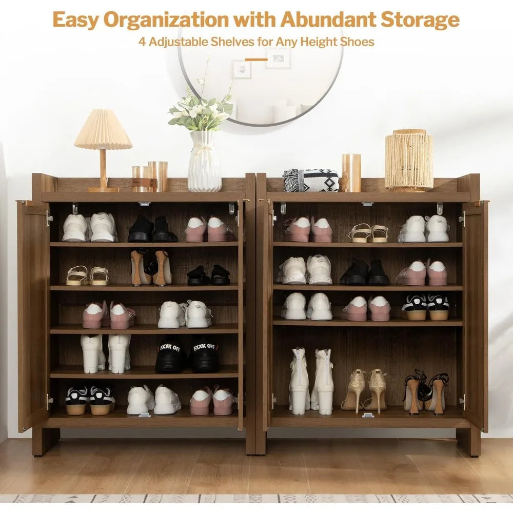 Rattan Shoe Cabinet Organizer Wooden Tier-Storage