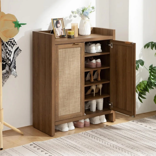 Rattan Shoe Cabinet Organizer Wooden Tier-Storage