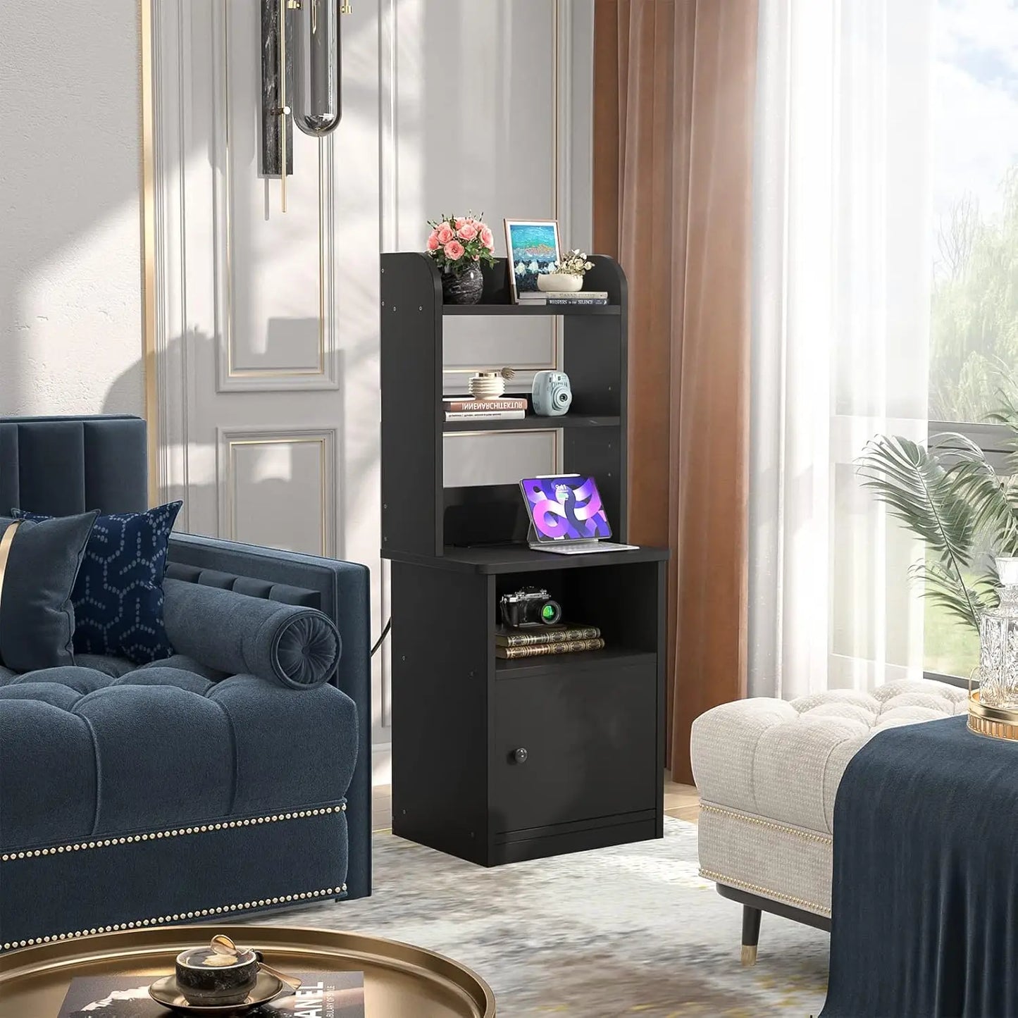 Black Nightstands Set of 2 with Charging Station