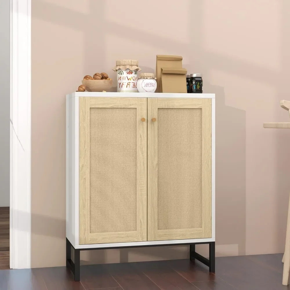 Living Room Rattan Decorated 2 Doors Storage Cabinet