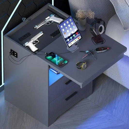 LED Nightstand with Gun Drawer Bedside Charging