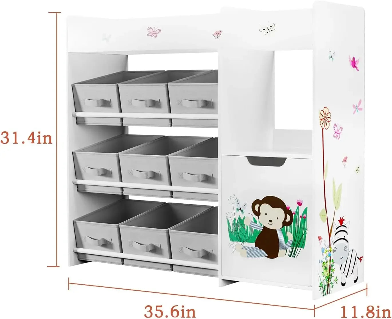 Kids Bookshelf, Toy Storage Organizer with Bookcase, Children's Toy Shelf with 9 Bins for Children's Room, Playroom, Hallway, Ki