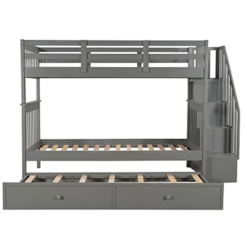 Kids Twin Bunk Bed with Trundle Stairs