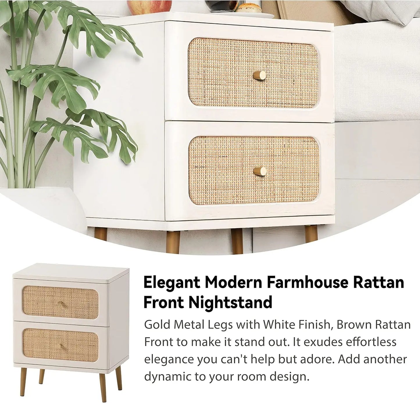 Wicker Rattan Nightstand Set of 2 Tables